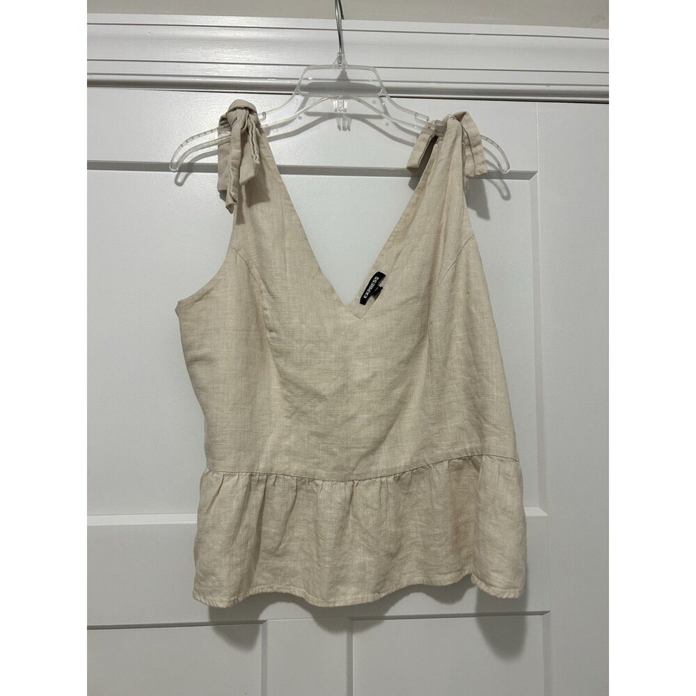 Express Beige Linen Blend Peplum crop tank top ruffle size XL Sleeveless Zip Up